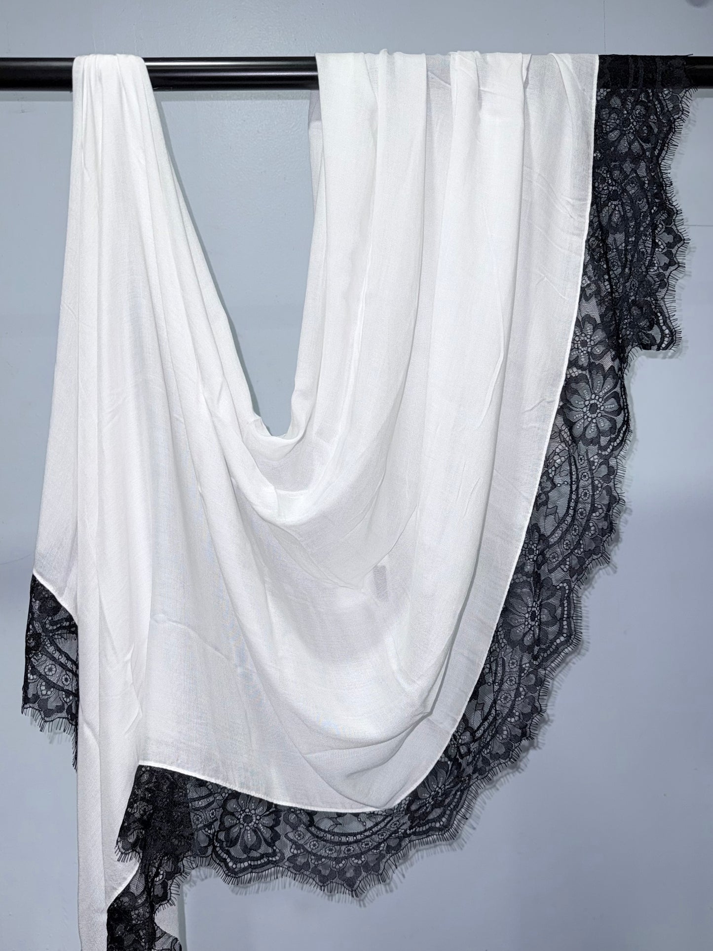 white modal with black lace hijab